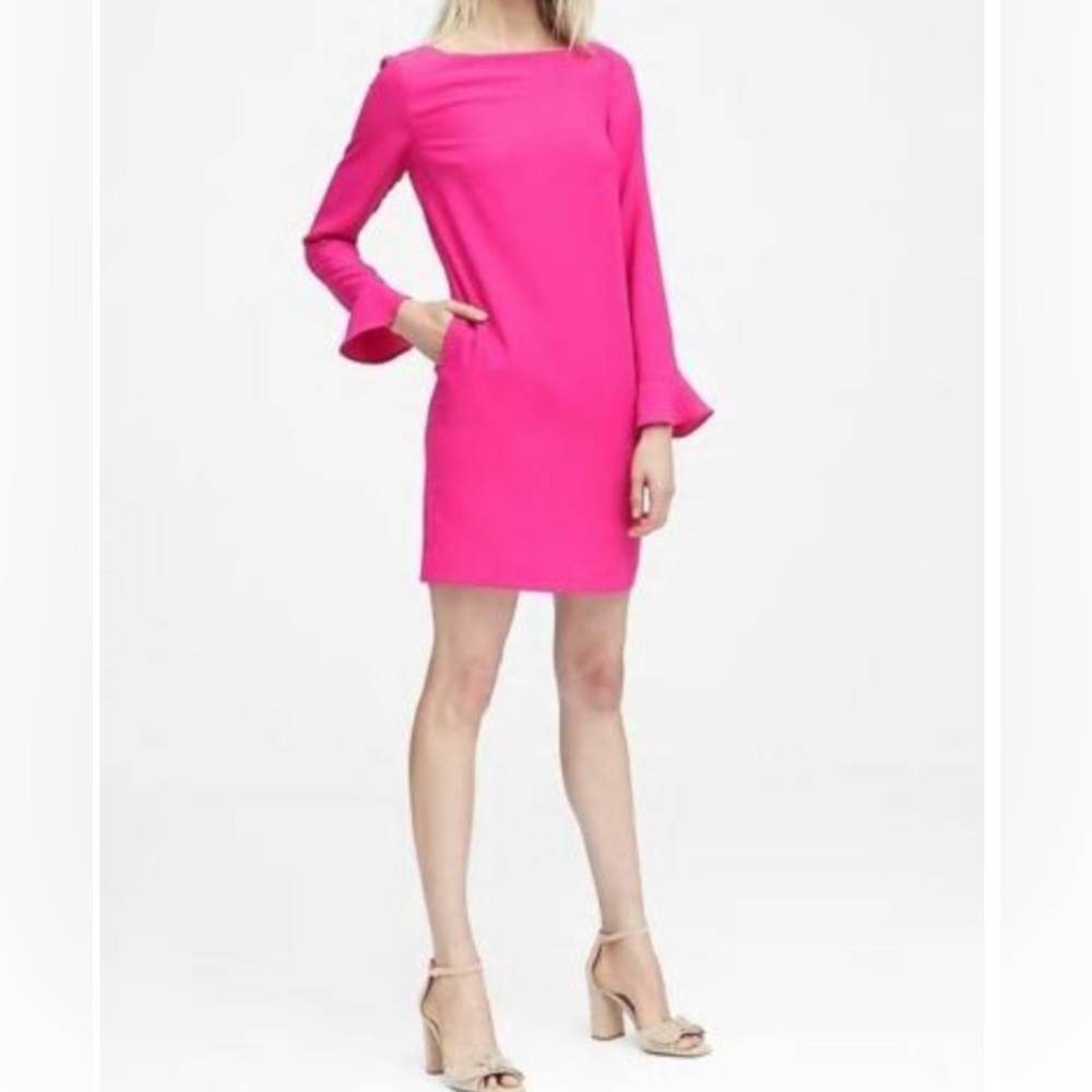 Banana Republic Hot Pink Ruffle Long Sleeve Button Back Shift Dress Size 0
